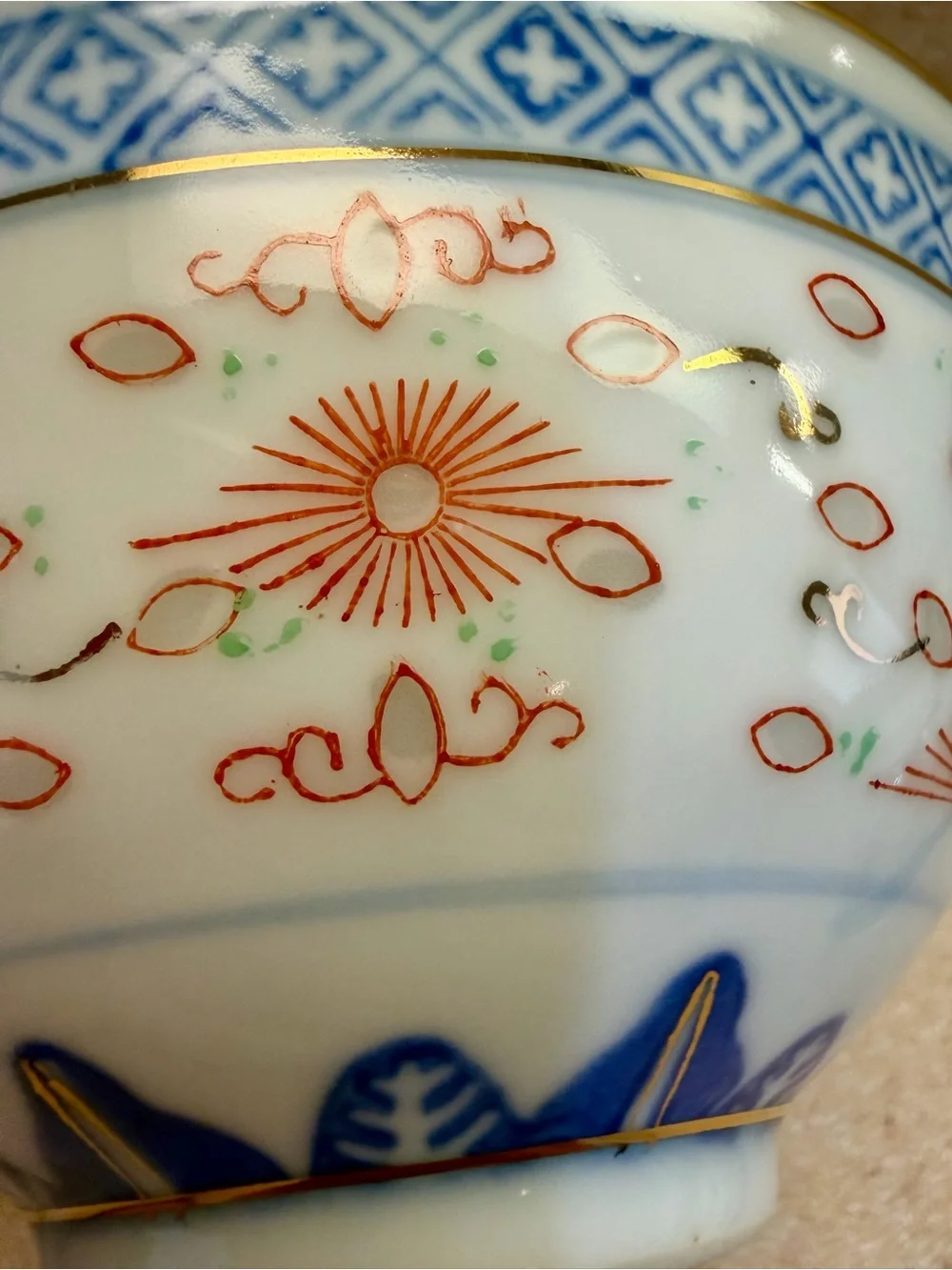 Asian Porcelain Rice Bowls - Set of 2 Chinese Floral White with Red, Blue, Gold